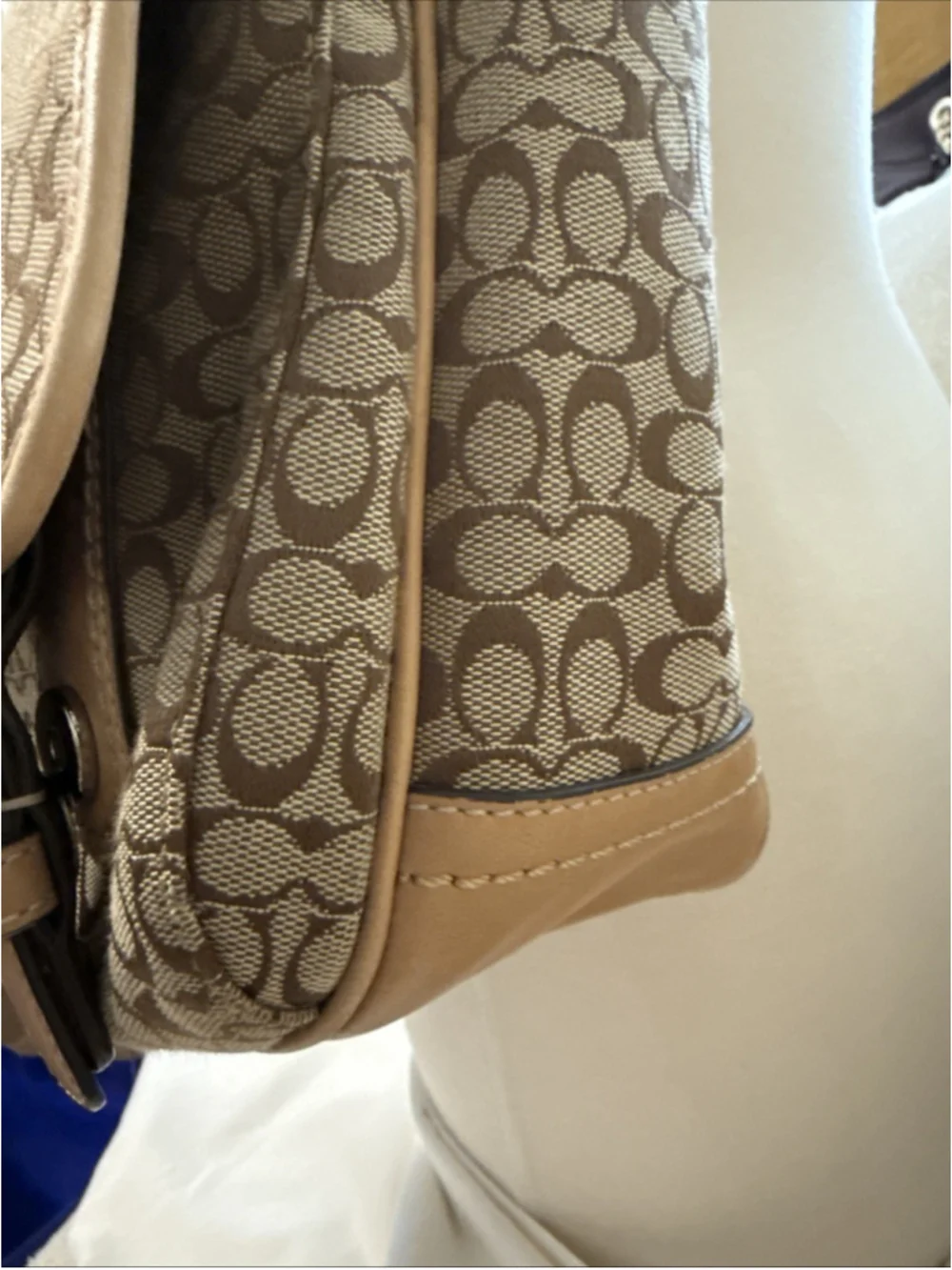 Coach Signature Pleated Canvas Flap Messenger Crossbody Bag Khaki White